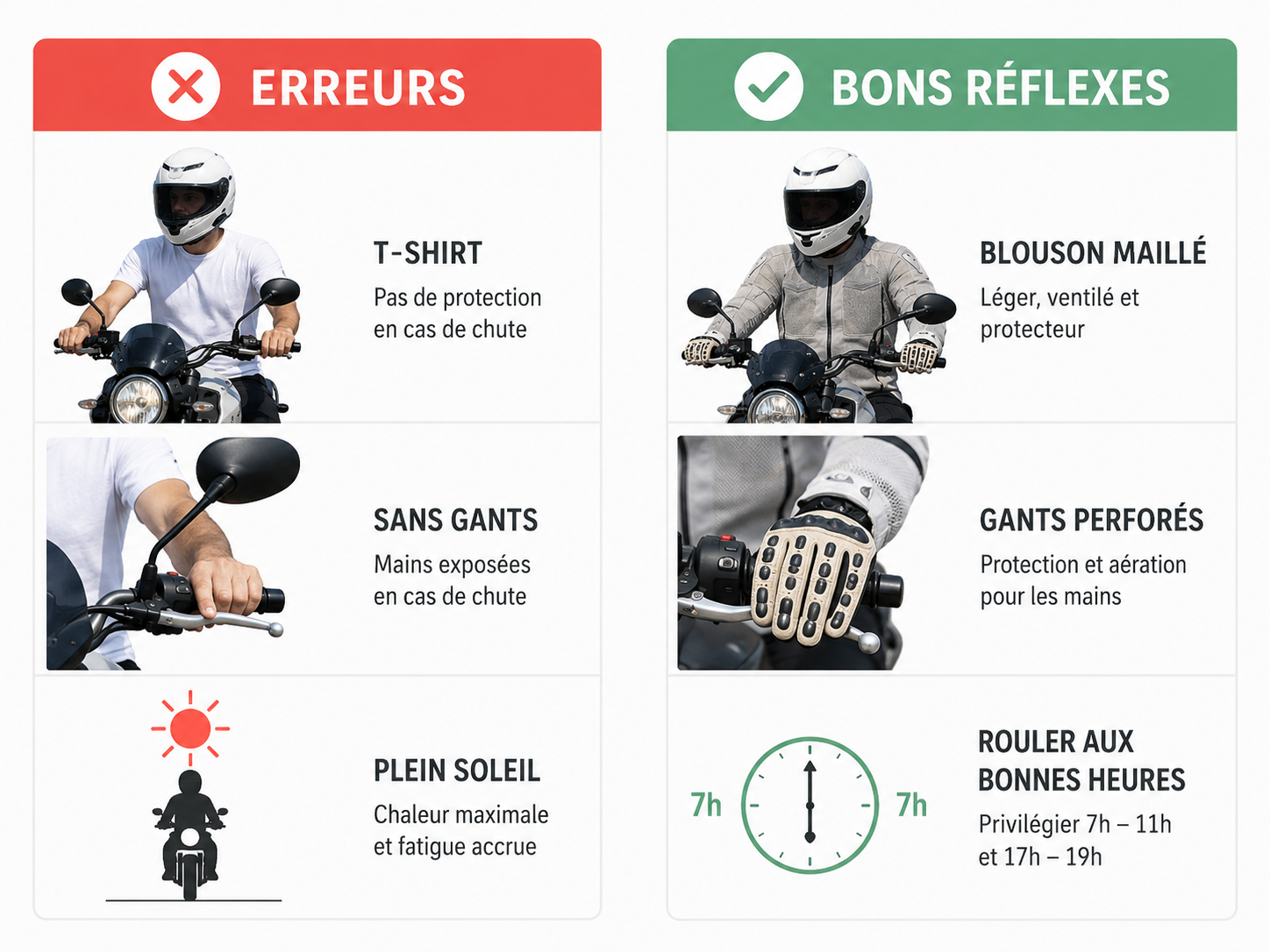 Infographie d'image des erreurs et des bons reflexes à adopter sous canicule à moto